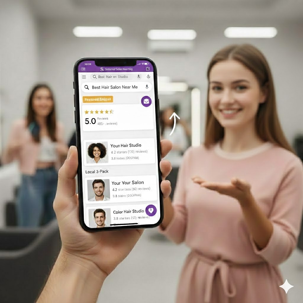 Local salon dominating search results with automated 5-star Google reviews and reputation management