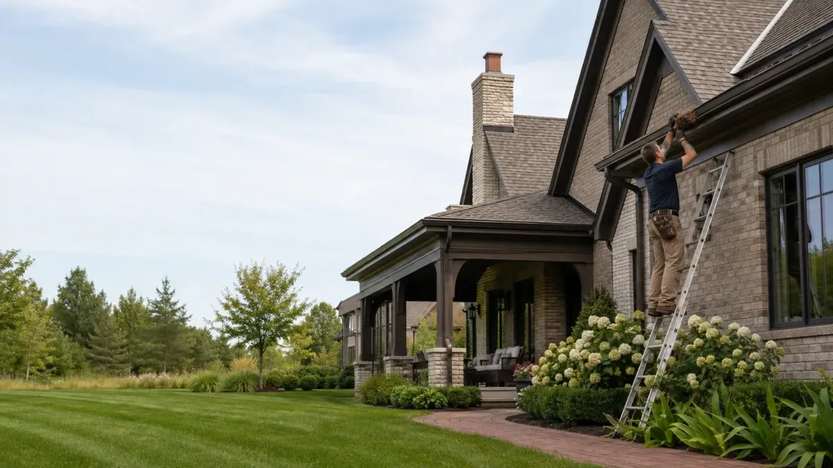 Technician installing gutter guards on a high-end Kentwood, MI residence surrounded by mature landscaping.