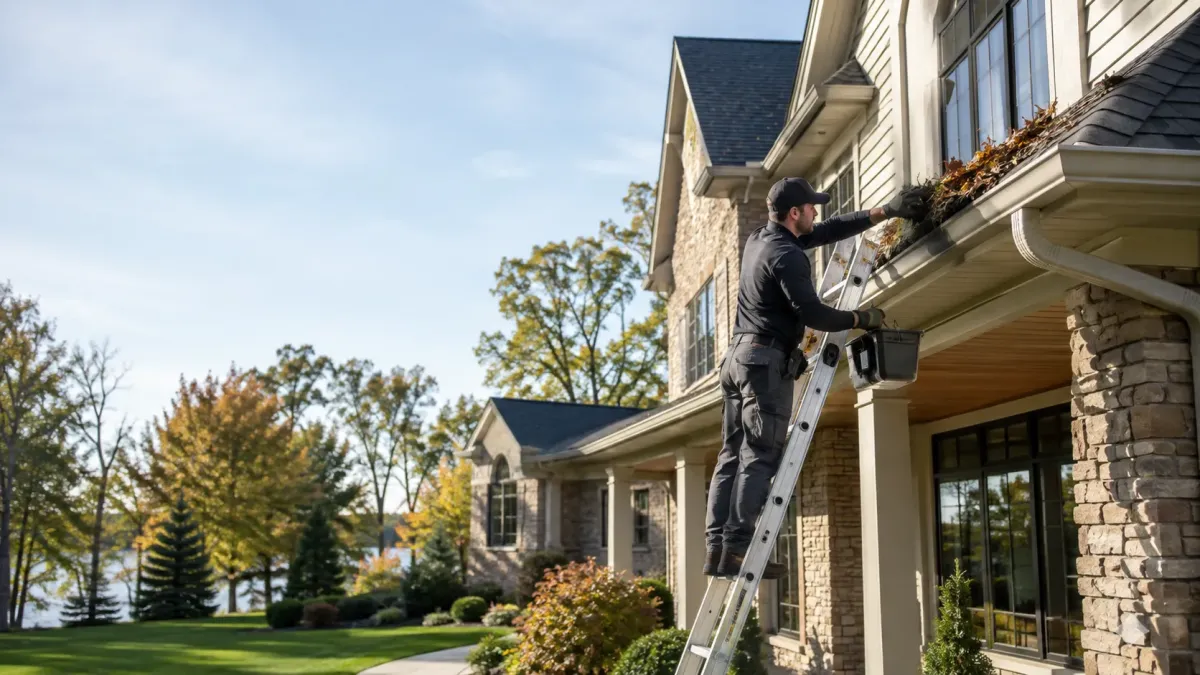 Gutter technician removing seasonal leaves and debris from the eavestroughs of an upscale Kentwood home with mature landscaping.