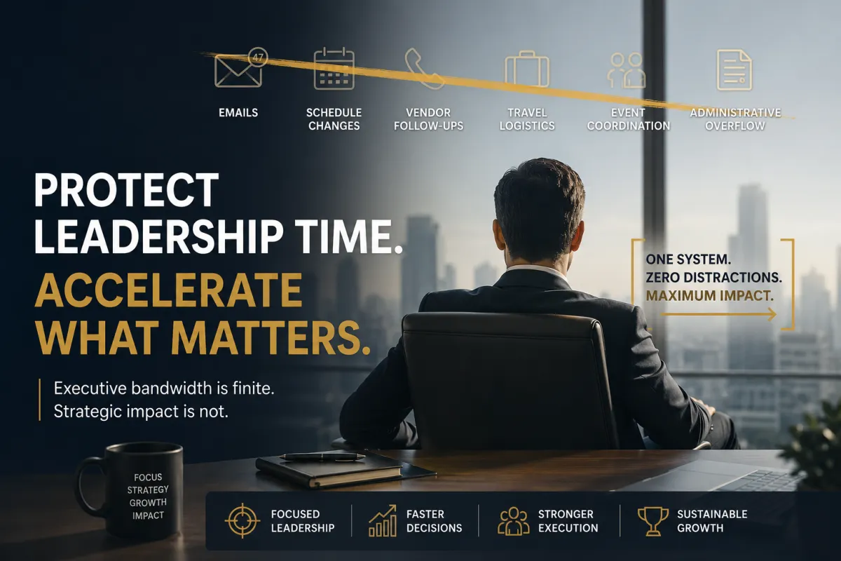 Executive seated at a modern office desk overlooking a city skyline, illustrating protected leadership time, strategic focus, and streamlined executive support with messaging about reducing distractions and improving organizational performance.