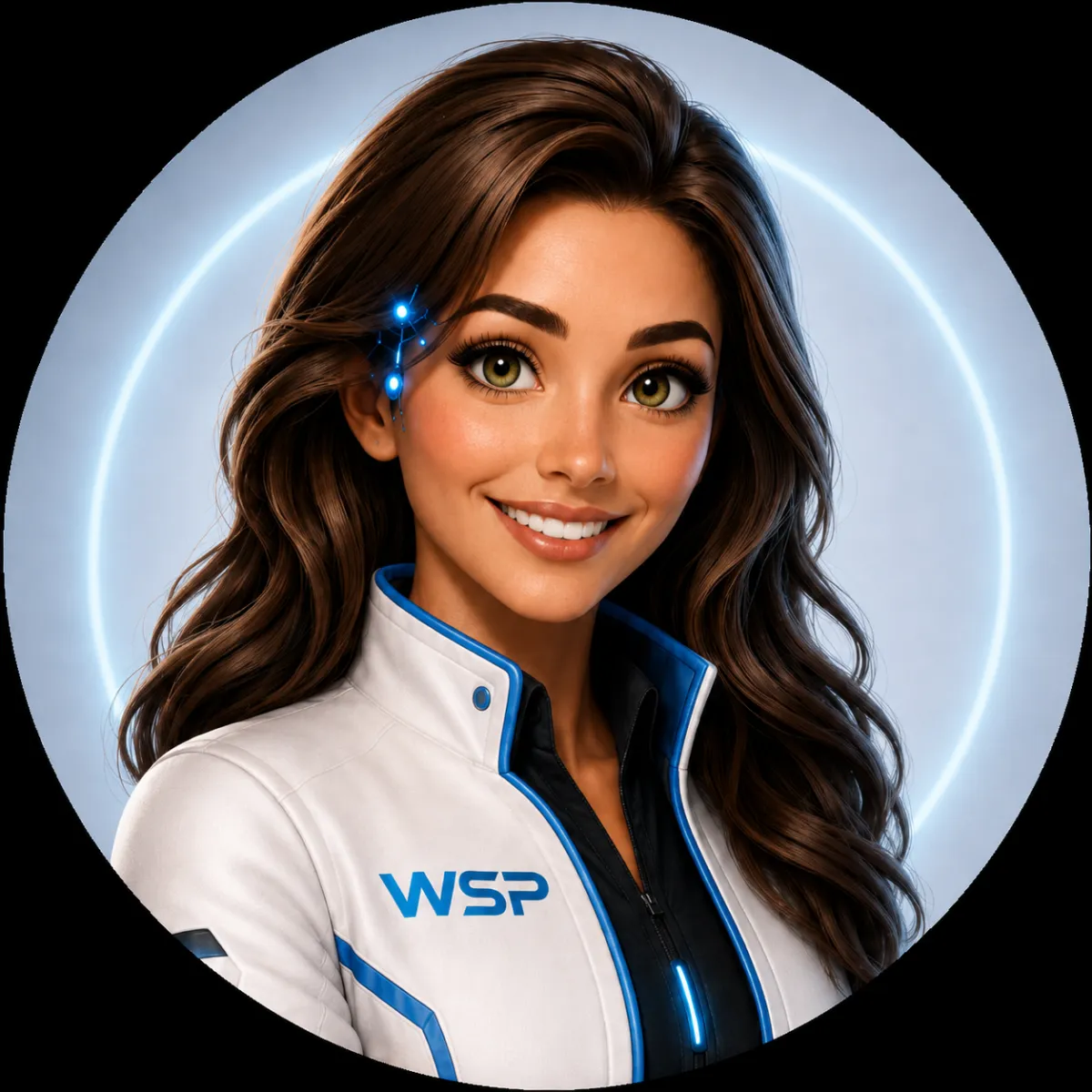 Blue, white, and black 3D-style portrait of Wendi, the Website Solution Pros Website Voice AI Chatbot, smiling in a white WSP jacket with blue tech accents, long brown wavy hair, warm hazel eyes, and a glowing blue cybernetic detail near her temple.