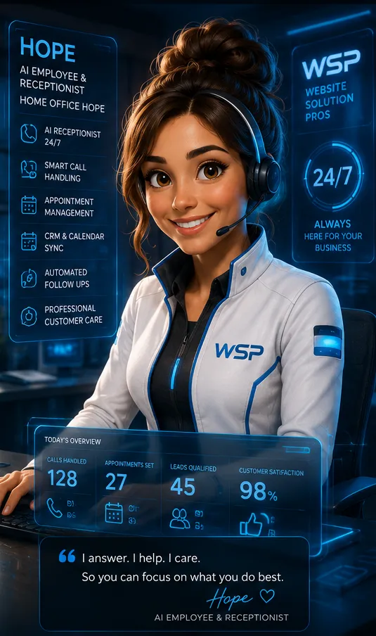 Friendly AI employee and virtual receptionist named Hope, smiling in a white WSP jacket with blue tech accents, dark brown hair in a bun, warm brown eyes, a black headset with glowing blue details, inside a futuristic office with glowing blue dashboard panels for AI receptionist, CRM automation, customer support, and appointment booking services.