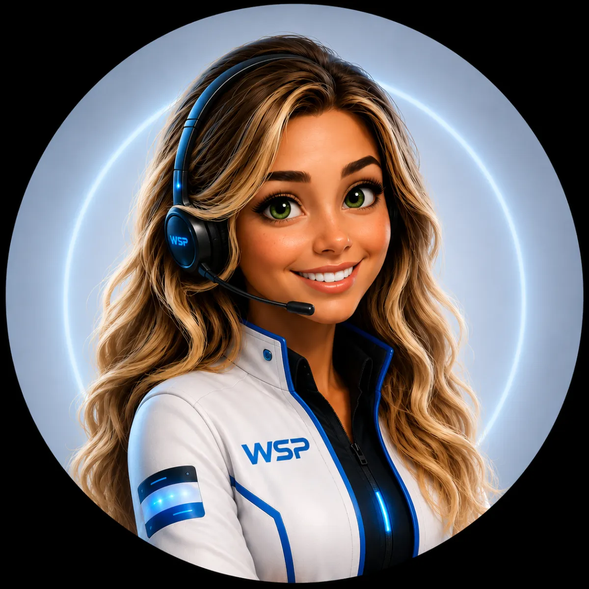 Blue, white, and black 3D-style portrait of Callie, the Website Solution Pros AI receptionist, smiling in a white WSP jacket with blue tech accents, long wavy hair with blonde highlights, green eyes, and a black headset with glowing blue details.