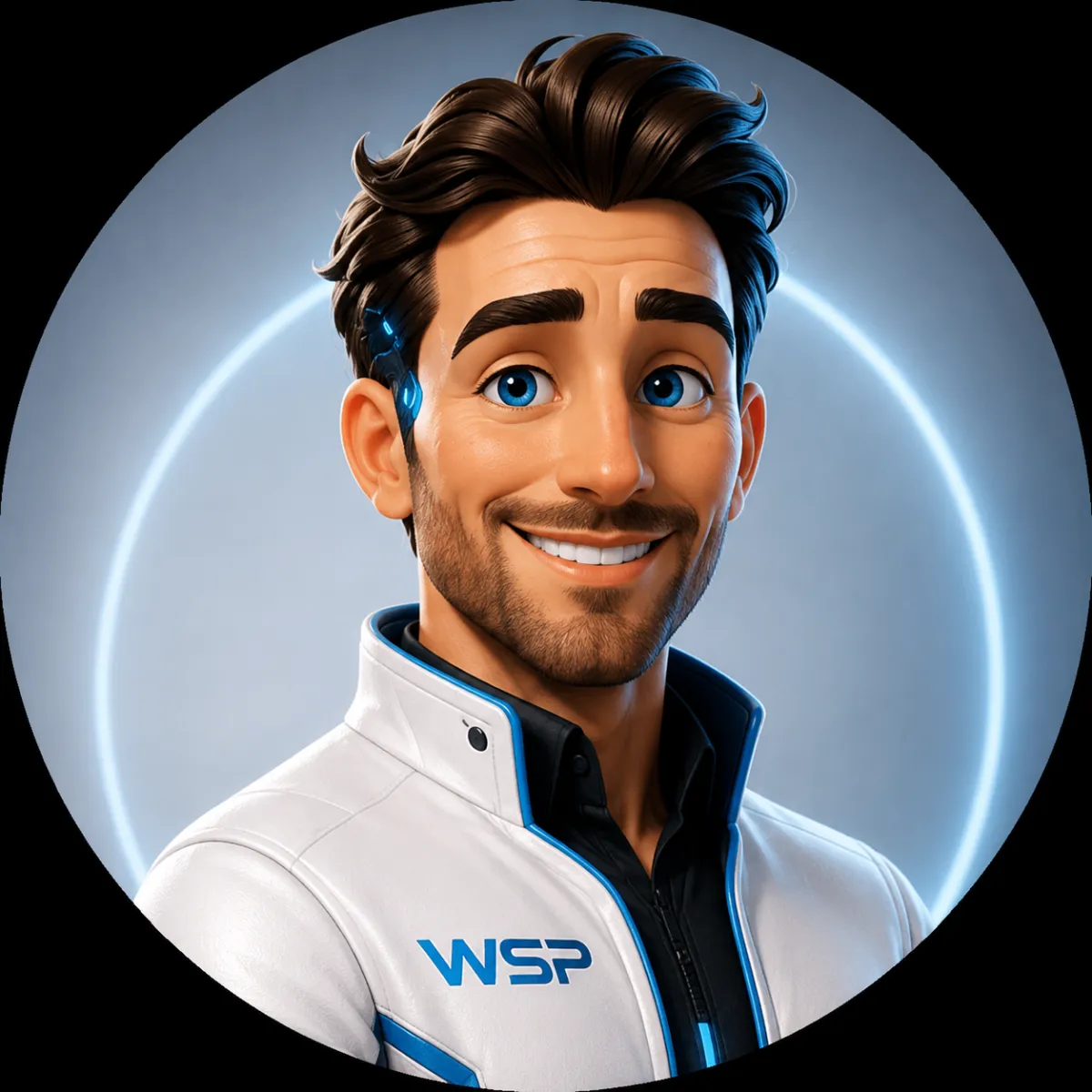 Blue, white, and black 3D-style portrait of Nate, the Website Solution Pros AI business partner, smiling in a white WSP jacket with blue tech accents, dark brown hair, blue eyes, light stubble, and a glowing blue cybernetic detail near his temple.