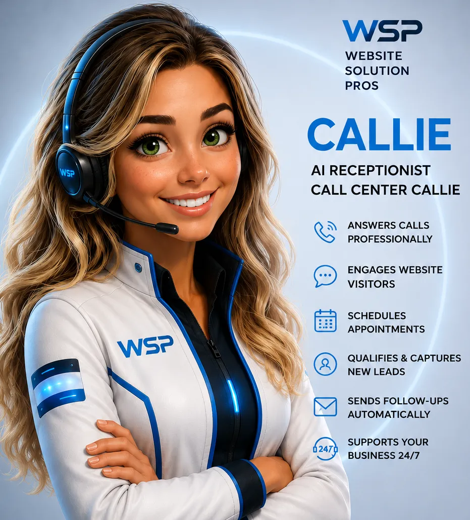 Friendly AI receptionist and virtual assistant named Callie, smiling in a white WSP jacket with blue tech accents, long wavy hair with blonde highlights, green eyes, a black headset with glowing blue details, list of job description bullet points with icons include call handling, lead capture, appointment booking, and customer support.