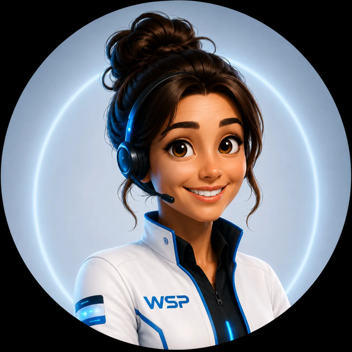 Blue, white, and black 3D-style portrait of Hope, the Website Solution Pros AI employee and receptionist, smiling in a white WSP jacket with blue tech accents, dark brown hair in a bun, warm brown eyes, and a black headset with glowing blue details.