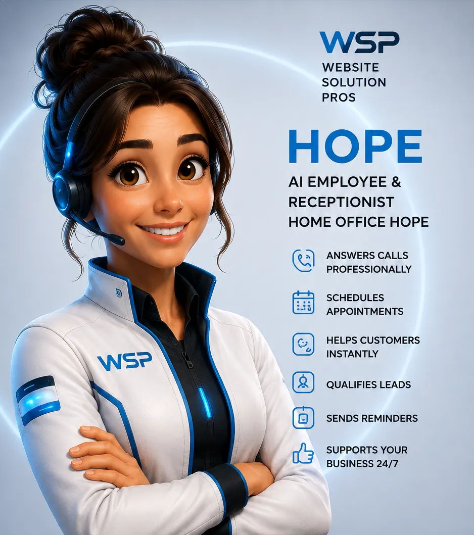 Friendly AI employee and virtual receptionist named Hope, smiling in a white WSP jacket with blue tech accents, dark brown hair in a bun, warm brown eyes, a black headset with glowing blue details, list of job description bullet points with icons include r AI receptionist, CRM automation, customer support, and appointment booking services.
