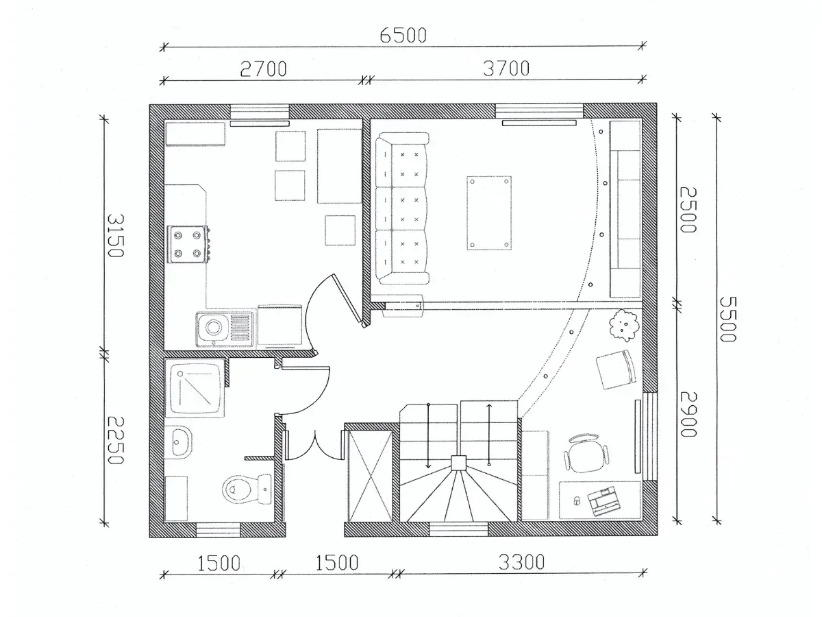 A drawing depicting a small apartment featuring a combined kitchen and living room area, showcasing cozy living space.