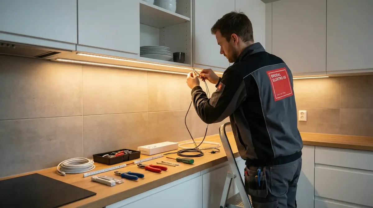 Photorealistic warm kitchen scene showing electrical work (outlets, under-cabinet lighting, electrician tools) with Brodal Elektro logo on a uniform or corner