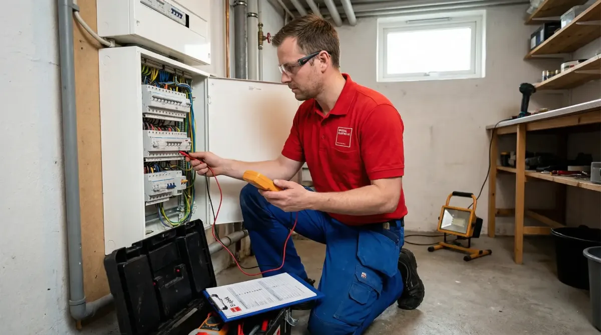 Photorealistic warm kitchen scene showing electrical work (outlets, under-cabinet lighting, electrician tools) with Brodal Elektro logo on a uniform or corner