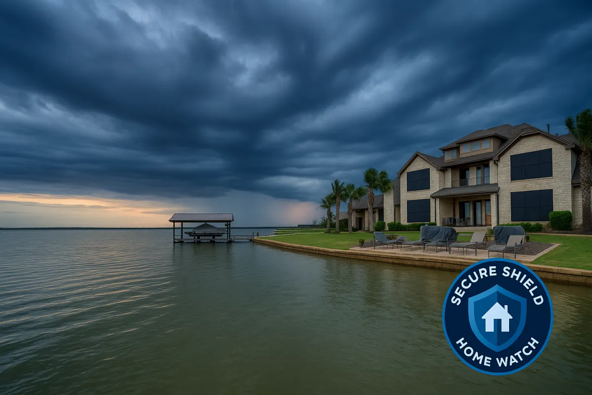 Dark storm clouds over lakefront homes on Lake Conroe Texas signaling hurricane season