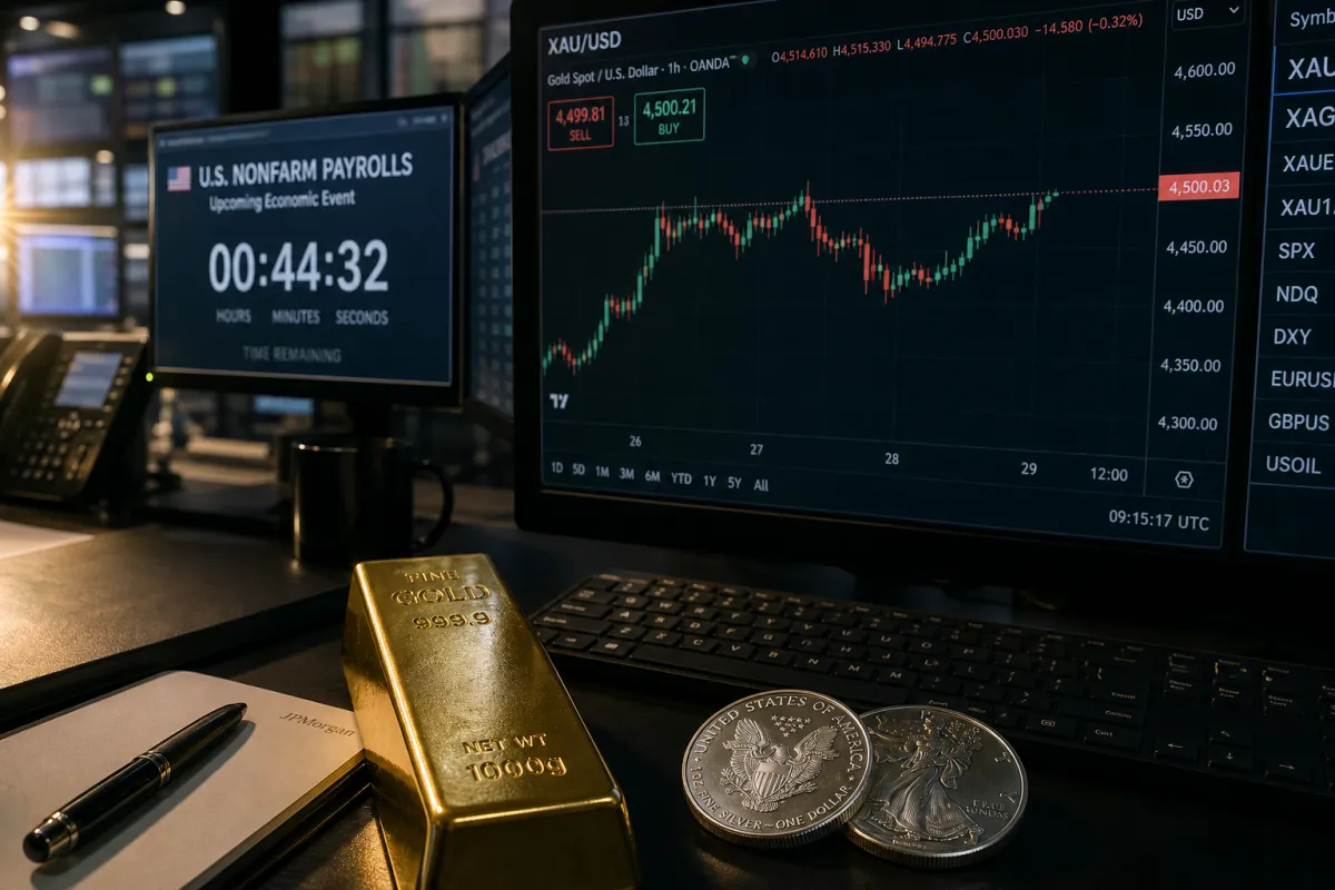 Precio oro hoy: XAU/USD resiste $4.500 antes del NFP