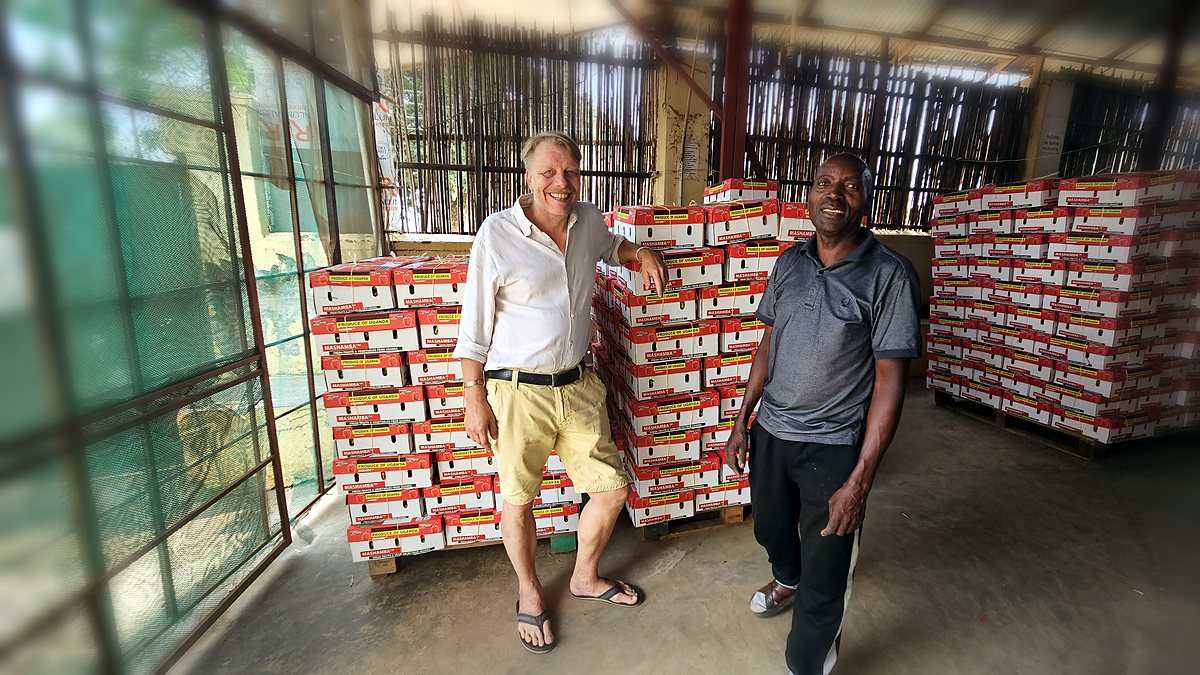 Mashamba managing director Kristjan Erlingsson and a quality-control colleague beside pallets of branded Produce of Uganda export cartons