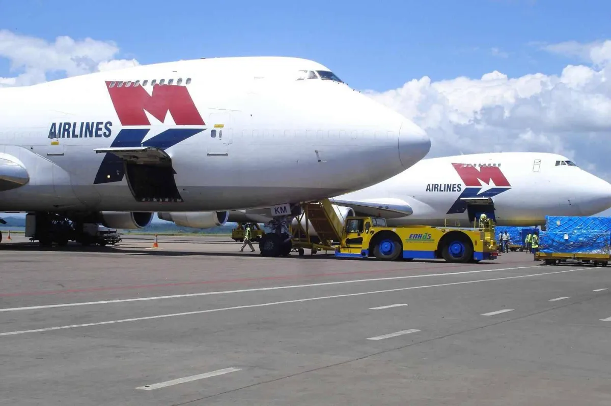 Mashamba Uganda fresh produce air freight cargo plane at Entebbe International Airport, ready for export to UK, Europe, and Middle East.
