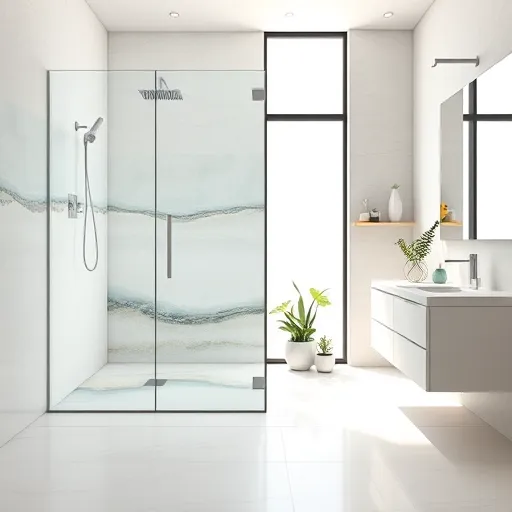A modern, minimalist bathroom featuring a sleek, curbless shower installation with seamless accessibility. The spacious, glass-enclosed shower showcases clean lines and a smooth, curb-free transition from the bathroom floor, emphasizing open and barrier-free design. Inside the shower, watercolor-inspired tiles in soft grey, beige, and blue depict a tranquil water motif, reinforcing a calming environment. The bathroom floor seamlessly extends into the shower area, with a gentle, flowing pattern that mimics water, enhancing the sense of fluidity and openness. Natural light filters through a large window, illuminating the space with a soft, inviting glow. Adjacent to the shower, a small cluster of potted plants adds greenery and highlights eco-friendly, biophilic design elements. The vanity area features contemporary fixtures, sleek hardware, and a minimalist aesthetic, rendered with crisp lines and gentle shading in a digital art style. A playful touch is added with a tiny rubber duck peeking out from behind the shower glass or sitting on a nearby shelf. The overall ambiance is calm, sophisticated, and innovative, ideal for showcasing cutting-edge bathroom design ideas. The color palette includes cool neutrals and soft pastels, enhancing the modern elegance and sense of tranquility. Subtle architectural details such as textured wall tiles and a faint outline of a rainfall showerhead complement the scene, captured in a polished digital art style suitable for a contemporary blog cover.