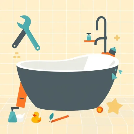 A modern, stylized illustration in Bauhaus style showcasing a custom walk-in tub installation. The image features a sleek, rounded walk-in tub with bold, geometric shapes in muted aqua blue, warm terracotta, white, and charcoal gray. Surrounding the tub are minimalistic, abstract tools such as a wrench, measuring tape, and drill, depicted as playful, angular icons. The background includes a soft pastel gradient from pale yellow to mint green, with subtle geometric bathroom patterns representing tiles, faucets, and ventilation. An oversized faucet with exaggerated curves enhances the design’s modern aesthetic. Quirky details like a tiny rubber duck and a geometric soap bar add whimsy. The composition emphasizes clean lines, contrasting colors, and inventive forms, conveying a sense of quality, customized design, and approachable innovation suitable for a professional bathroom renovation blog.