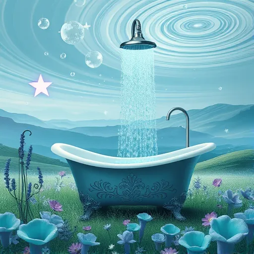 A surreal scene illustrating the concept of "Shower-to-Tub Conversion," featuring a vintage-style, ornate ceramic bathtub transforming into a waterfall of shimmering water that streams upward into a dreamlike sky. The lush landscape includes an expansive meadow with glowing, twisted, spiraling plants in deep blues, mint greens, and luminous purples, conveying tranquility. Floating above are cloud-like vapor formations, evoking warmth and comfort, while a chrome showerhead suspended midair with an invisible glowing thread pours gentle water streams that pool into the bathtub. The surreal background showcases rolling hills blending into a swirling sky dotted with oversized soap bubbles and shimmering stars, creating a mystical atmosphere. The color palette highlights deep teals, soft lavenders, and radiant silvers, enhancing the enchanting, whimsical mood. The art style emphasizes fluid shapes, exaggerated proportions, and a sense of transformation, visually narrating the transition from shower to tub within a captivating, fantastical world.