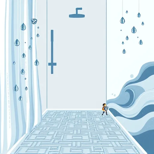 A symbolic illustration of slip-resistant shower installation showcasing a sleek, modern shower stall with textured, anti-slip flooring featuring intricate geometric patterns resembling interwoven labyrinths and protective shields. The scene conveys safety and tranquility through a color palette of cool blues, soft grays, and subtle silvery white tones, evoking cleanliness and peace of mind. Above the shower, floating shimmering water droplets adorned with tiny symbols like shields and checkmarks emphasize safety and reliability. The background transitions from stylized, flowing water on one side to organic wave patterns on the other, symbolizing natural comfort and technological innovation. Quirky guardian figurines resembling protective spirits with shields stand along the shower edges, adding a touch of magical reassurance. The overall artwork employs bold outlines and layered textures within a symbolic art style, blending dreamlike clarity with mysticism to highlight the protective benefits and peace of mind provided by modern slip-resistant shower solutions.