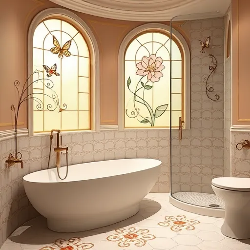 An elegant Art Nouveau-inspired bathroom scene featuring ADA remodeling elements. The design showcases flowing, organic lines intertwined with intricate floral motifs and softly curved architecture. Accessible fixtures, including a stylish bathtub with ergonomic contours, seamlessly integrate with the ornate surroundings. The space includes soft, rounded handles, a walk-in shower with shimmering glass tiles, and decorative details like stylized vines and delicate scrollwork, creating a regal yet approachable atmosphere. The color palette consists of muted pastel shades such as dusty rose, sage green, warm beige, and soft gold accents, evoking serenity and understated luxury. whimsical touches like curling water streams resembling tendrils and tiny butterflies fluttering around fixtures add playful personality. A stained-glass window with floral patterns bathes the room in warm light, while organic tile patterns emphasize elegance and accessibility. Overall, the scene exudes sophisticated craftsmanship, calmness, and creative charm—ideal for showcasing stylish, inclusive bathroom renovations that blend beauty, functionality, and comfort through artistic design.