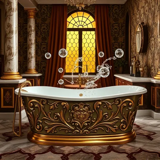 A luxurious walk-in bathtub featuring ornate Baroque-style detailing, set in an opulent bathroom with intricate gold filigree, carved marble columns, and plush, velvety drapes. The polished brass fixtures shine brightly, while playful, exaggerated air jets from within the tub release swirling, iridescent bubbles, capturing a lively sense of movement. The surroundings include embossed patterns on the tub’s exterior, marble flooring with ornate rugs, and richly decorated wallpaper with deep jewel-tone foliage motifs. Small decorative elements such as cherub or mythical creature motifs and a vintage clock with exaggerated Roman numerals add charm. Soft, warm light streams through a stained glass window, creating a golden glow that enhances the atmosphere of indulgence and serenity. The scene combines grandeur and whimsy, highlighting an artistic fusion of luxury, modern wellness technology, and playful design in a sophisticated yet lively setting.
