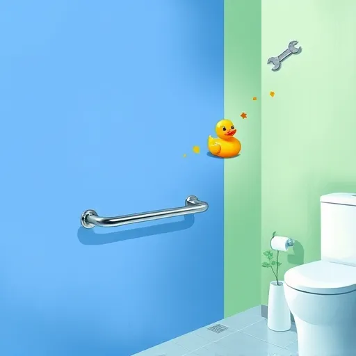 A vibrant abstract ColorField painting depicting a bathroom scene with the installation of a safety grab bar. The artwork features bold, calming shades of blue and green, creating a sense of safety and tranquility. Simplified geometric shapes suggest a bathroom wall and a chrome-finished grab bar being installed, with minimal lines indicating the setup process. Playful splashes of warm orange and yellow highlight key points of installation, adding energy and optimism. In the background, soft gradients and subtle patterns resemble tiled walls with textured surfaces. Quirky details include a rubber duck-shaped wrench and tiny smiling screw heads, symbolizing safety and care. The overall composition conveys professionalism, reassurance, and approachability, emphasizing clarity and confidence in bathroom safety improvements, ideal for an informative blog cover on grab bar installation.