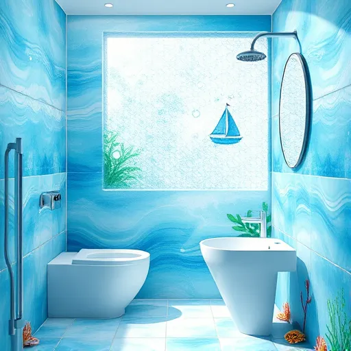 A vibrant, underwater-inspired bathroom scene featuring seamless waterproof renovation with sleek, shimmering tile walls in soft blues and aquamarines that mimic gentle water ripples and reflect light with an impressionistic touch. The background depicts an abstract underwater jungle of sea plants and coral accents rendered with delicate, swirling brushstrokes, creating a tranquil aquatic environment. Modern, glossy bathroom fixtures with playful curves emerge as if from the underwater realm, including a showerhead resembling a tiny fountain and a basin shaped like a polished pebble. Light filters through a textured, wave-like glass window, casting shimmering reflections throughout the space. Quirky details such as tiny stylized bubbles floating upward and a watercolor splash on the floor emphasize the waterproof theme. Subtle coastal accents, like a painted seashell collection or a fragmented sailboat mirror, add personality and charm. The overall impressionist style emphasizes lively textured brushwork and a soothing, sea-inspired color palette, blending playful creativity with waterproof innovation in bathroom remodeling.