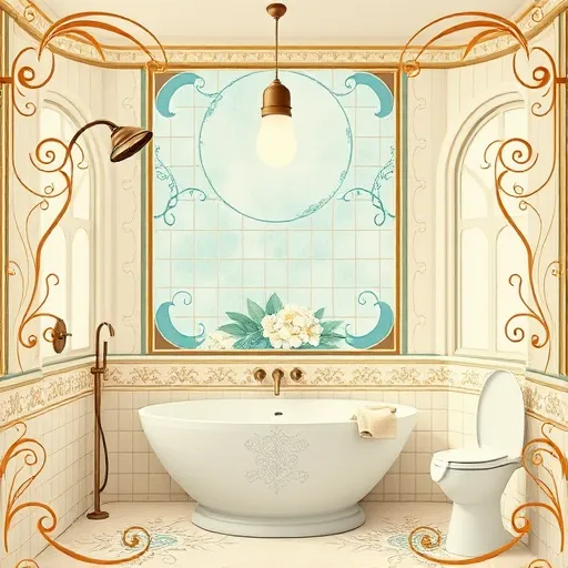 A detailed Art Nouveau-style illustration of an ADA bathroom remodeling scene, featuring an elegant, spacious bathroom interior with flowing organic shapes and intricate decorative elements. The scene includes gracefully curved lines, swirling showers, stylized water droplets, and faucet designs that resemble vines and tendrils. The color palette consists of soft pastel teal, gentle gold, and creamy beige, complemented by subtle muted coral accents to evoke calmness, professionalism, and warmth. The background displays vintage-inspired tile patterns and decorative borders reminiscent of metalwork, framing the space. Playful details such as a whimsical, curling soap dispenser and fairy-like light fixtures with delicate glass shades add charm and refinement. Accessibility features are subtly integrated, showing a broad, easy-to-grip handle and a low, accessible vanity, emphasizing functionality within the ornate design. The environment feels airy and natural, with flowing lines suggesting sunlight filtering through stylized, leaf-shaped windows, creating a tranquil and inviting atmosphere. This composition combines ornate ornamentation with modern accessibility cues, illustrating innovative, elegant solutions for ADA bathroom remodeling perfect for a blog emphasizing functional beauty and timeless design.