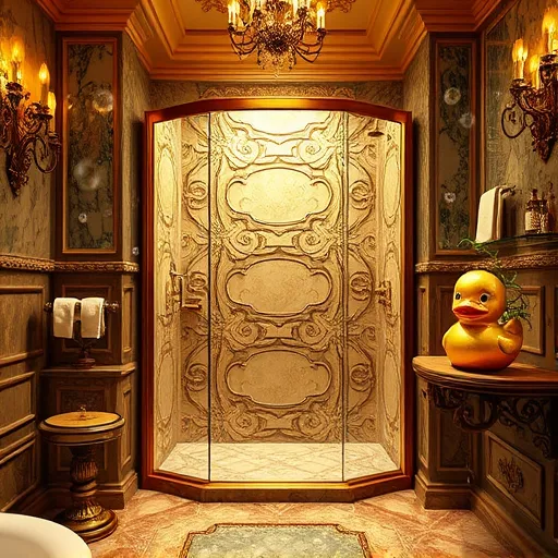 A luxurious bathroom scene styled in elaborate Baroque design, featuring a modern slip-resistant shower with shimmering textured ceramic tiles adorned with intricate swirling patterns. The shower is enclosed by a grand brass fixture setup, complemented by elaborate molding and warm golden lighting reflecting off polished surfaces, creating an opulent and functional atmosphere. Playful bubbles with tiny whimsical faces drift around the shower, adding a quirky touch and emphasizing safety with a dash of personality. In the background, a richly decorated marble wall with detailed carvings supports a large ornate mirror, enhancing the scene's elegance. Decorative elements such as a vintage soap dish, a delicate plant with curling vines, and an oversized gilded rubber duck perched on a shelf introduce humor and charm. The overall mood is calm, sophisticated, and trustworthy, highlighted by warm tones of deep golds, emerald greens, and bronze accents that evoke refinement and reliability. This composition seamlessly blends Baroque opulence with modern safety features, creating a captivating visual that embodies elegance, safety, and playful whimsy.