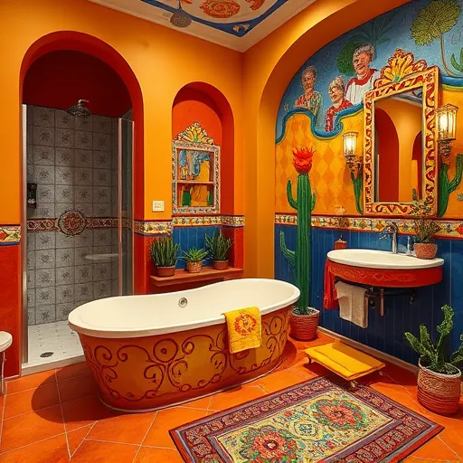 A vibrant, mural-style senior bathroom makeover featuring a luxurious, modern design with cultural artistry. The scene showcases an elegant bathtub with ornate, swirling Mexican muralist patterns, surrounded by warm terracotta, deep blue, and lively orange tiles that evoke warmth and reliability. To the side, a sleek walk-in shower with colorful mosaic accents adds playful sophistication. A stylish, accessible sink decorated with hand-painted motifs is illuminated by a cheerful, whimsically framed mirror reflecting cultural artistry. Bright potted plants, including cacti and succulents, bring natural vibrancy, while a cheerful, patterned rug with playful motifs enhances warmth and personality. In the background, bold architectural elements such as curved arches, geometric shapes, and symbolic motifs echo traditional Mexican murals, set against a vibrant wall featuring murals of happy, abstracted senior figures enjoying the remodeled space. The overall atmosphere is calm, inspiring, and empowering, celebrating graceful aging within an artistically designed, culturally rich environment. The color palette emphasizes earthy reds, warm ochres, deep ocean blues, and lively marigold yellows, blending mural art grandeur with a welcoming, playful energy.