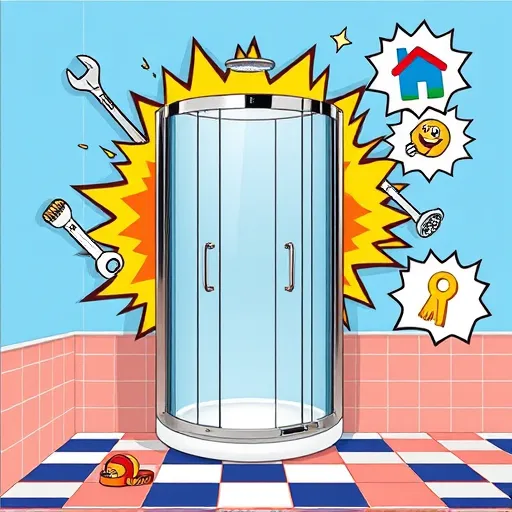 A colorful PopArt-inspired illustration celebrating the installation of a roll-in shower, featuring bold lines and a vibrant palette of electric blue, sunny yellow, bright coral, and crisp white. The central focus is a sleek, modern roll-in shower unit with shiny chrome accents, surrounded by dynamic geometric splashes and comic book-style action lines that convey movement and transformation. Playful oversized tools like a wrench, screwdriver, and measuring tape burst outward, emphasizing craftsmanship, while tiny smiling water droplets with expressive eyes and arms hold sponge brushes, adding lively personality. The background showcases a simplified bathroom scene with bold, contrasting tiles in checkerboard or repetitive patterns reminiscent of classic PopArt, creating a visual rhythm. Exaggerated speech bubbles with abstract icons representing a house, shower head, and key symbolize home improvement and accessibility. The overall composition exudes energetic confidence, transforming technical bathroom upgrades into an engaging celebration of modern, accessible design through a vibrant, eye-catching PopArt aesthetic.