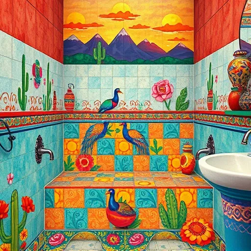 A vibrant Mexican Muralism-inspired artwork depicting a rustic, creatively designed built-in shower seat within a colorful bathroom setting. The scene features bold, expressive lines and intricate patterns typical of traditional Mexican art, including floral motifs, swirling geometric shapes, and lively decorative flourishes that emphasize craftsmanship and cultural richness. The shower area is adorned with textured mosaic tiles in vivid turquoise, warm terracotta, and sunny yellow hues, creating a lively yet harmonious environment celebrating everyday beauty. The built-in seat is crafted from vibrant patterned tiles, embellished with playful details like tiny painted cacti and stylized sun symbols, adding quirky personality. Surrounding elements include ornate folk-art-style water fixtures, a backsplash decorated with murals of peacocks and marigold flowers, and whimsical Mexican folk art touches such as miniature papel picado banners and colorful ceramic jars tucked into corners. The overall mood exudes warmth, homey comfort, and cultural vibrancy, enhanced by the background featuring mountainous silhouettes and bright, cloud-filled skies painted in bold reds and golds, amplifying the energetic, festive atmosphere. The color palette centers around rich reds, vivid blues, and earthy tones, evoking feelings of warmth and celebration. This artwork combines traditional Mexican muralism with playful details, highlighting the beauty and personality of a practical home improvement project as a piece of folk art.