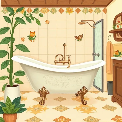 A charming, handcrafted illustration in the Arts and Crafts style depicting a whimsical "Tub-to-Shower Conversion." The scene showcases a vintage clawfoot bathtub with floral engravings gradually transforming into a modern shower stall with sleek, geometric design and textured glass panels. Surrounding the transformation are lush greenery, stylized leaves, and flowers, adding a playful organic feel that symbolizes renewal and upgrade. Tiny ceramic figurines of playful animals, like a cheeky cat and curious bird, decorate the edges, injecting personality and whimsy. The background reveals a cozy bathroom with handcrafted tiles featuring Mission Revival-inspired patterns in warm terracotta, muted greens, and soft creams. Vintage plumbing fixtures and textured wooden cabinetry enhance the nostalgic yet fresh atmosphere. Throughout, textured brush strokes and intricate motifs emphasize the handcrafted warmth and harmonious color blocks characteristic of Arts and Crafts design, creating an inviting, inspiring visual narrative of bathroom renovation and artistic craftsmanship.