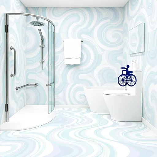 A vibrant blog cover image illustrating accessible bathroom remodeling in an OpArt style. The sleek, modern bathroom features clean lines, smooth surfaces, and essential accessibility elements, including a universally designed walk-in shower with accessible controls, a lowered, curved sink, and a seamlessly integrated sturdy grab bar. The floor is adorned with dynamic swirling OpArt patterns in soothing shades of soft teal, gentle lavender, and crisp white, creating a sense of movement and fluidity. The background showcases an abstract mosaic of tiles and textures with concentric rings and geometric shapes, producing optical illusions of depth and accessibility. Playful details include a floating soap dispenser with an exaggerated, whimsical shape and a stylized silhouette of a wheelchair subtly blended into the pattern, adding personality without distraction. The overall mood is calm, reassuring, and modern, emphasizing comfort, safety, and innovative design through hypnotic rhythms and a harmonious color palette. This visually engaging image captures the essence of accessible bathroom remodeling with artistic sophistication.