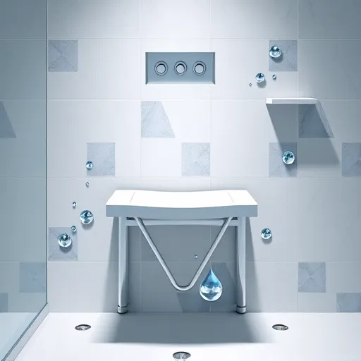 A modern built-in shower seat seamlessly integrated into a contemporary bathroom setting, featuring geometric abstraction with sharp lines and bold shapes such as interconnected triangles, rectangles, and circles. The design uses a calming color palette of cool blues, whites, and grays, evoking professionalism and tranquility. The background showcases an abstract tiled wall with angular, faceted shapes, hinting at the shower environment without clutter. Soft shadows and subtle gradients add depth to the geometric forms. Playful details include metallic spheres resembling water droplets or stylized soap bubbles floating nearby. The minimalistic yet sophisticated environment highlights functional design with artistic flair, incorporating a geometric shower shelf and abstract lines suggesting flowing water. The overall scene emphasizes a sleek, cutting-edge aesthetic that combines technical clarity with creative visual appeal, making it ideal for showcasing modern bathroom fixtures and geometric design elements.