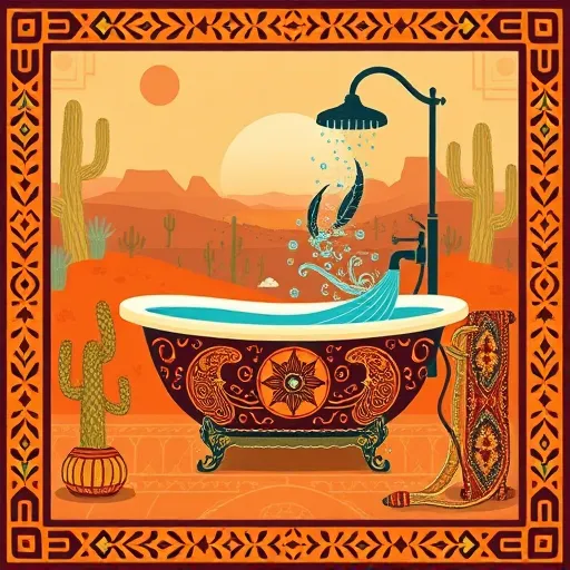 A detailed blog cover image illustrating the theme of "Shower-to-Tub Conversion" features a stylized Native American art scene blending traditional motifs with modern renovation elements. The composition depicts a serene bathroom corner set within a vibrant, earthy landscape, incorporating swirling patterns and geometric borders inspired by Native American textile designs. At the center is an ornate, adobe-style bathtub adorned with carvings reminiscent of pueblo artistry, seamlessly connected to a contemporary showerhead crafted from woven leather and feather motifs, adding a quirky touch. Water streams flow from the showerhead, transforming into stylized water serpents decorated with swirling feathers and tribal symbols, symbolizing transformation. Surrounding the scene are delicate patterns resembling sand paintings and beadwork, enriching the cultural depth. The background showcases a warm, sunlit desert landscape with distant mesas and cacti, creating a tranquil, inspiring atmosphere. The color palette features rich terracotta, turquoise, burnt orange, and muted golds, evoking an earthy yet lively mood that signifies growth and renewal in traditional craftsmanship. The intricate linework and layered flat colors evoke a timeless yet innovative aesthetic, capturing the playful respect for cultural heritage while highlighting home renovation. Hidden within the decorative patterns are tiny native-inspired symbols like feathers, arrows, and rain clouds, adding personality and engagement. Overall, the image offers a mesmerizing fusion of ancient artistry and modern remodeling, inviting viewers to explore a creative transformation rooted in cultural tradition.