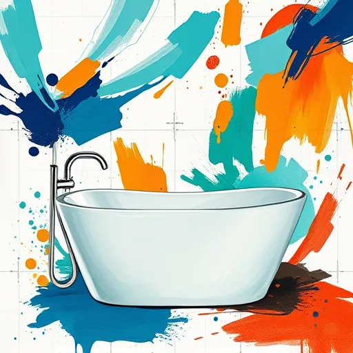 A vibrant abstract expressionist scene illustrating walk-in tub remodeling, featuring swirling brushstrokes and bold splashes of color that convey transformation and renewal. In the foreground, a sleek, modern walk-in tub is depicted with expressive lines emphasizing its elegance and accessibility, surrounded by dynamic water effects in deep blues, mint greens, and soft whites symbolizing freshness and comfort. Warm copper and amber tones add a cozy, inviting atmosphere. Playful textures, like tiny bubbles and metallic glints, evoke a sense of clever renovation solutions. The background showcases energetic abstract shapes suggesting a bathroom environment with transforming fixtures, sinks, and tiles, captured through layered textures that evoke movement and progress. The overall composition exudes an optimistic, inspiring mood, blending lively artistic chaos with clear thematic elements to inspire homeowners considering bathroom upgrades and walk-in tub remodels.