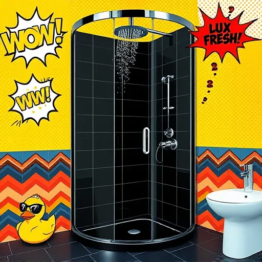 A vibrant PopArt-inspired illustration showcasing a modern walk-in shower remodeling scene. The image features a sleek, contemporary walk-in shower with glossy black tiles highlighted by playful splashes of color, including sunny yellow, electric blue, and fiery red, emphasizing renovated bathroom elements. Thick, exaggerated comic-style outlines define the shower enclosure, while stylized water droplets cascade in whimsical shapes resembling comic speech bubbles bursting with energy. Surrounding the scene are exaggerated speech bubbles with words like "Wow!", "Lux!", and "Fresh!", conveying excitement and enthusiasm. An oversized, quirky showerhead casts exaggerated water streams that mimic artistic strokes, complemented by shiny chrome fixtures with high-contrast reflections. The background depicts a bold, stylized bathroom setting with bright flat colors and playful patterns such as zigzags and polka dots, creating a lively, fun atmosphere. Additional comic-style details include a smiling soap bar, a sunglasses-wearing rubber duck, and a bubbly spray bottle, adding quirky personality to the lively scene. Overall, the artwork conveys the playful, energetic spirit of bathroom upgrades and renovation inspiration through a colorful, whimsical aesthetic.
