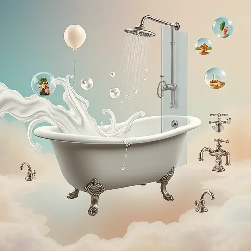 A surrealist bathroom scene illustrating a shower-to-tub conversion, where a vintage clawfoot tub seamlessly morphs into a modern shower stall with flowing, liquid-like lines that suggest transformation and fluidity. Swirling streams of water animate the scene, reflecting tiny mirror shards that display playful, abstract patterns, including a surreal melting clock over the showerhead. Surrounding the central transformation are imaginative bathroom fixtures, such as faucet-shaped balloons, playful creature-like faucets, and twisted, artistic pipes, adding quirky personality. The environment floats in a dreamy, cloud-like space with soft pastel hues of aquamarine, lavender, and beige, evoking calmness and curiosity. Mysterious bubbles containing miniature landscapes and whimsical appliances enhance the surreal atmosphere. The overall tone is playful yet sophisticated, emphasizing wonder and transformation through a dreamlike aesthetic with exaggerated proportions, distorted perspectives, and unexpected juxtapositions, highlighted by gentle, diffused lighting that accentuates the scene’s fluidity and magic.