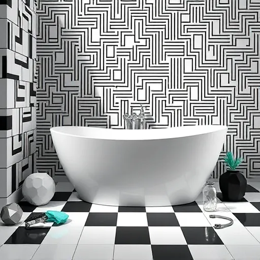 A visually striking blog cover image illustrating "Walk-In Tub Installation" in an OpArt style, featuring a modern bathroom scene with bold black and white geometric patterns that create optical illusions and a sense of rhythm. The foreground displays an elegant, curved walk-in bathtub with smooth, flowing lines, contrasting against a background of tessellated tiles that appear to ripple or warp, emphasizing accessibility and sophistication. Surrounding the tub are minimalistic, stylized tools such as a geometric wrench and a floating silicone seal, arranged playfully to add personality. The scene exudes cleanliness and tranquility with soft grayscale shades accented by vibrant blue and teal touches. An abstract maze-like pattern in the background suggests the installation process, enhanced by a subtle gradient that adds depth. Light reflections and shadows within the OpArt design contribute to a dynamic energy, creating an inviting, professional yet approachable atmosphere with whimsical optical illusions, symbolizing transformative bathroom upgrades in a vibrant, engaging style—ideal for a blog cover focused on walk-in tub installation.