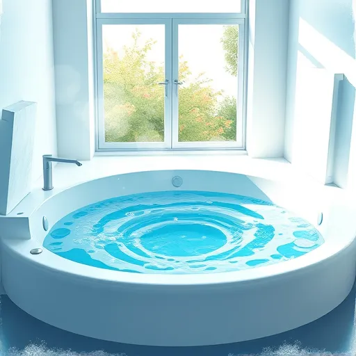 A tranquil, modern bathroom scene featuring a sleek walk-in bathtub with built-in hydrotherapy jets creating bubbling water, emphasizing relaxation and wellness. The tub is surrounded by smooth, minimalist surfaces and soft, rounded shapes that evoke comfort and luxury. Gentle steam rises from the warm water, enhancing the sense of warmth and serenity, while playful abstract bubbles float around, adding a whimsical touch. In the background, a stylish window reveals a lush garden with blooming flowers and sunlight streaming in, contributing to a peaceful, natural atmosphere. The scene is rendered in an expressive Tachisme art style with vibrant yet harmonious colors—cool blues, soft teals, and subtle warm accents—combining abstract texture with clarity to highlight the soothing hydrotherapy features in a calming, restorative setting.