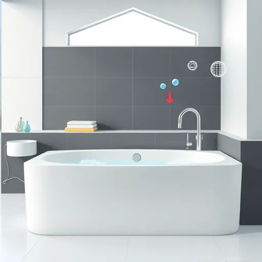 A modern, sleek walk-in bathtub featuring softly curved edges seamlessly integrated with shimmering air jets bubbling beneath translucent, geometric panels, highlighting advanced functionality. The minimalist bathroom setting showcases bold Bauhaus-inspired design elements, including simple geometric shapes like rectangles, circles, and lines arranged in balanced composition. The scene includes streamlined fixtures, sharp-edged tiles, and natural light streaming through a large trapezoid-shaped window. The color palette combines calming aquamarine, crisp white, and muted charcoal, accented with bright reds and blues to add vibrancy. Playful details such as a chrome faucet resembling a sculpture and floating soap bubbles with geometric patterns add whimsy. Stylized arrows illustrate air jet movement, emphasizing the tub's soothing, innovative features. The overall mood is calm, inviting, and contemporary, with a sense of order and sophistication balanced by lively asymmetries, making this image ideal for a wellness or tech-focused blog promoting modern bathroom innovations.