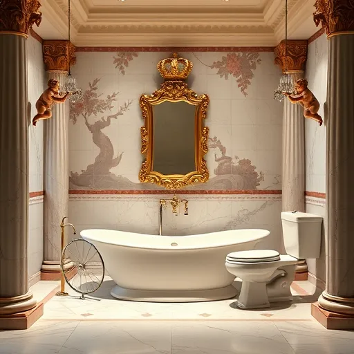 A luxurious High Renaissance-style depiction of an ADA-compliant bathroom transformation, showcasing a grand, marble-clad interior with ornate columns, intricate moldings, and gilded accents. The spacious bathroom features an accessible bathtub with rounded edges, a modern ergonomic sink, and a low-clearance toilet with detailed craftsmanship. Renaissance-style cherubs peek from the corners, playfully holding decorative scrolls, one featuring a small ornate wheel symbolizing mobility. Warm, softly diffused lighting enhances the rich textures and ornate details, creating an elegant, welcoming atmosphere. The background includes a fresco-inspired mural with flowing water and stylized flora, blending classical artistry with modern functionality. An ornate mirror reflects the scene, emphasizing the fusion of tradition and innovation. Subtle decorative accents like stylized handrail columns and a small crown above the toilet add regal, quirky touches. The composition highlights craftsmanship, accessibility, and heritage, rendered in vibrant high Renaissance colors—golds, reds, blues, and creams—celebrating the harmony of style, function, and personality in bathroom remodeling.