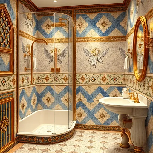 A highly detailed and imaginative Byzantine-style illustration of a handicap bathroom remodeling scene, showcasing a spacious, ornate bathroom with gilded mosaic tiling forming elaborate geometric patterns and stylized floral motifs that evoke regal craftsmanship. The focal point is a beautifully crafted, accessible shower featuring a large, rounded entrance decorated with gold accents, highlighting both accessibility and elegance. Adjacent to it is an intricately carved wooden grab bar, blending artistic craftsmanship with functional design. The bathroom includes an ergonomic, curved sink embellished with decorative mosaic details and a classical gold-framed mirror, symbolizing harmony between utility and aesthetic appeal. Quirky touches incorporate a mosaic of a cheerful, smiling cat atop a marble shelf and a bejeweled soap dish shaped like a lily, adding whimsical charm. The background features Byzantine-inspired angelic figures and stylized vine motifs on tranquil tiled walls, creating a majestic and calming atmosphere. Warm lighting from ornate wall sconces resembling antique candleholders gently illuminates the rich mosaic patterns and gilded accents, emphasizing the intricate craftsmanship. The overall scene exudes serenity and opulence, combining practicality with divine artistry, ideal for a bathroom remodeling concept that fuses historical beauty with functional design—highlighting luxury, accessibility, and artistic elegance in a Byzantine art style with deep blues, rich golds, soft creams, and subtle reds.