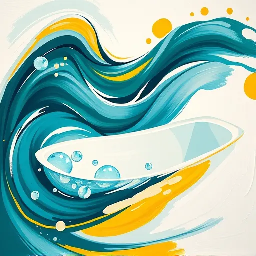 A vibrant abstract expressionist illustration showcasing a luxurious walk-in bathtub installation. Bold, swirling brushstrokes depict flowing water and smooth curves that highlight the ergonomic, accessible design of a modern tub. The scene features a dynamic blend of deep aquamarine, soft white, and hints of sunny yellow, creating a calming yet energetic atmosphere. Layered textures and swirling shapes evoke rippling water and bubbly relaxation, with stylized, exaggerated bubbles adding playful emphasis. Subtle geometric patterns suggest tiles or handles in a whimsical manner. In the background, blurred gestural strokes hint at an inviting bathroom environment, possibly including a window or mirror, adding depth without realism. The overall mood conveys comfort, transformation, and accessible luxury, with an artistic sense of movement and fluidity that emphasizes innovation and personalized design in walk-in tub installations.