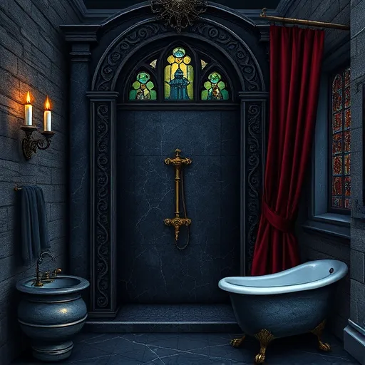 A dramatic Gothic-inspired bathroom scene showcasing a luxurious walk-in shower renovation. The ornate shower enclosure is crafted from dark, carved stone with archways and wrought iron accents featuring spikes, exuding grandeur and mystery. Vintage brass fixtures with elaborate scrollwork contrast against deep midnight-blue marble walls veined with silver, creating a moody, opulent atmosphere. In the background, towering Victorian-style stained glass windows diffuse colored light, adding mystical charm. Surrounding the shower are gothic details such as claw-footed bathtubs, flickering antique candle sconces mounted on textured stone walls, and heavy velvet curtains in rich wine hues partially revealing a shadowy, secret chamber. Quirky touches include tiny winged gargoyle figurines perched atop the shower frame and whimsical cobwebs climbing the corners, hinting at an enchanted, mysterious space. The scene conveys a calm yet slightly eerie mood, blending elegant gothic architecture with playful supernatural elements. The art style emphasizes intricate line work, dramatic shadows, and a limited palette of blacks, dark blues, silvers, and deep reds, capturing timeless elegance fused with gothic mystique, ideal for a blog cover illustrating a darkly enchanting bathroom transformation.