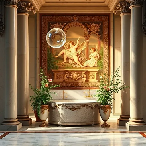 A luxurious custom walk-in shower designed in the style of Renaissance art, set in a grand marble-floored bathroom featuring classical columns that frame the shower area. The shower includes a finely carved stone basin with water softly cascading over ornate brass fixtures decorated with intertwining vines and floral motifs inspired by Botticelli’s delicate lines. Surrounding the scene are lush greenery and blooming roses in decorative urns, adding natural elegance. An artistically detailed tapestry depicting mythological scenes hangs in the background, echoing Ancient Greek or Roman storytelling. Warm, golden lighting creates a Renaissance chiaroscuro effect, casting soft shadows that accentuate architectural details and shimmering water droplets. Playful elements such as floating soap bubbles reflecting tiny rainbows, and whimsical cherubs in Renaissance attire peeking from behind columns holding miniature brushes or sponges, bring a lively touch to the serene setting. The environment combines functional luxury with artistic craftsmanship, inspired by Renaissance aesthetics, featuring a harmonious color palette of warm golds, creamy beiges, soft blues, and lush greens, evoking a sense of wonder, tranquility, and timeless beauty in custom bathroom design.