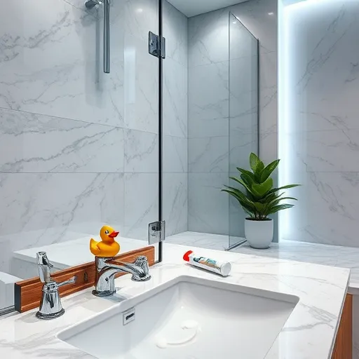A highly detailed, hyperrealistic image illustrating a modern shower door installation in progress within a contemporary bathroom. The scene features a sleek, frameless glass shower door propped open, with precisely mounted hinges and rollers reflecting ambient light with crystal clarity. Surrounding the installation are polished marble tiles in cool gray and icy blue tones, highlighting the textured grout lines and smooth surface finishes. A professional hand wearing a glove carefully adjusts a metal door hinge, while a small level and a silicone sealant gun with a partially filled tube sit nearby, emphasizing craftsmanship and attention to detail. Playful accents include a colorful rubber duck perched on the sink faucet and foam soap suds forming a smiley face on the marble surface, adding personality to the scene. The background reveals a modern bathroom illuminated by soft LED lighting that casts gentle reflections and enhances textures. A potted green plant in the corner introduces a touch of freshness, complementing the calm color palette of whites, silvers, and subtle pops of vibrant color. The hyperrealistic style captures minute textures and reflections, creating an inviting, trustworthy visual narrative ideal for a blog cover on shower door installation and bathroom renovation.