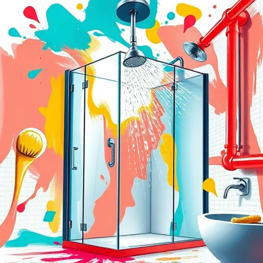 A vibrant and expressive digital artwork illustrating a modern walk-in shower installation, featuring an abstract bathroom scene with dynamic brushstrokes and bold colors. The stylized shower area showcases sleek, shimmering glass panels with flowing curves and rippling reflections in turquoise, coral, and yellow, symbolizing freshness and cleanliness. An exaggerated, whimsical showerhead extends from the ceiling, with lively, swirling water droplets depicted as ribbons and spirals, adding a playful touch. Surrounding elements such as textured tiles and pipes are rendered with bold lines and high contrast, conveying movement and energy characteristic of expressionist art. The background presents an abstract bathroom interior with geometric shapes and splashes of vibrant color, representing transformation and renovation. Overall, the artwork exudes a lively, sophisticated mood with a color palette dominated by aqua blues, fiery reds, and bold yellows, emphasizing creativity, innovation, and the joyful process of bathroom remodeling. Small details like a lurking scrub brush and curling faucet add personality and charm, highlighting the artful chaos and lively spirit of modern bathroom design.