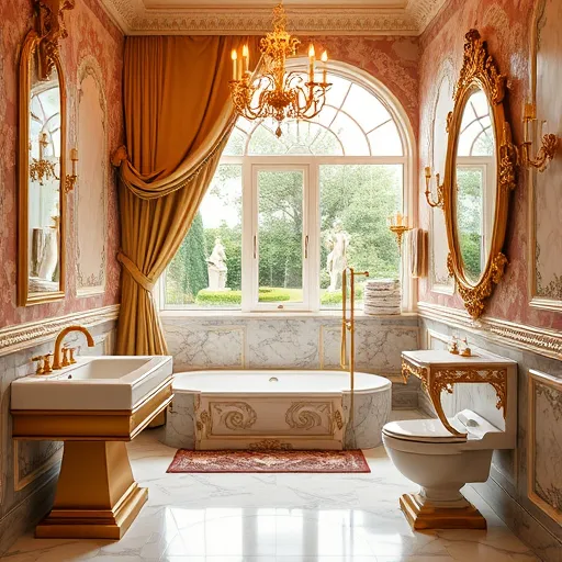 A luxurious, Baroque-inspired bathroom scene featuring ornate golden embellishments, intricate marble tiles with detailed scrollwork, and gilded antique fixtures illuminated by soft, warm lighting. Modern accessibility upgrades are seamlessly integrated, including a sleek, low-rise vanity with a wide, non-slip surface; a decorative, carved glass-panel roll-in shower; and a gilded candelabrum-style grab bar, blending safety with opulence. Playful details include a crown-shaped soap dish and a vintage-style mirror reflecting a whimsical floral motif. The background showcases lush drapery, elaborate wallpaper patterns, and a grand arched window overlooking a serene garden with greenery and classical statues. The scene exudes a calm, regal atmosphere, emphasizing the harmony of functional accessibility features and timeless elegance with a color palette of warm golds, deep reds, rich blues, and soft creams, capturing a sense of craftsmanship and fine design.
