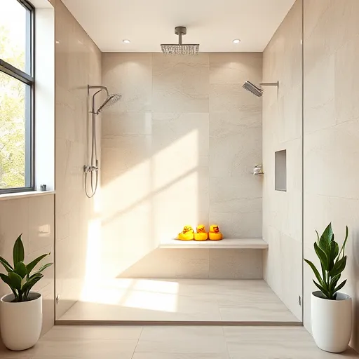 A highly realistic depiction of a modern, accessible bathroom highlighting barrier-free shower installation. The spacious walk-in shower features a seamless, level-entry design with smooth, polished tiles in warm beige and cool gray tones, creating a calm and inviting atmosphere. It includes a contemporary rainfall showerhead mounted on the ceiling and a built-in, low-profile bench for comfort and accessibility. Playful yet subtle decorative elements, such as colorful waterproof rubber duckies in a niche and floating soap dispensers resembling tiny boats, add personality and charm. The bathroom is bright and airy, with large windows allowing natural sunlight to enhance the sense of openness and ease of access. Delicate potted plants like green ferns and small succulents are placed on the edges, adding vibrant touches without clutter. The scene's warm color palette and exquisite realism emphasize textures of the tiles, reflective surfaces of the fixtures, and intricate details of the decorative items, conveying a safe, stylish, and accessible bathroom upgrade—ideal for inspiring readers about barrier-free shower installation and bathroom accessibility solutions.
